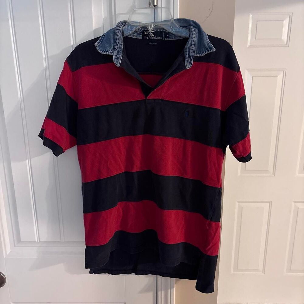 Vtg 90s Polo Ralph Lauren red and black cotton polo with denim collar, size m